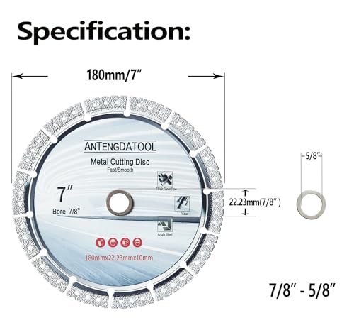 Antengdatool 7 Inch Metal Cutting Diamond Blade, 180mm Cut Off Wheel 7/8"-5/8" Arbor for Cast Iron Rebar Carbide Stainless Steel(Not for Soft Metal) by ANTENGDATOOL - Used condition - Image 5