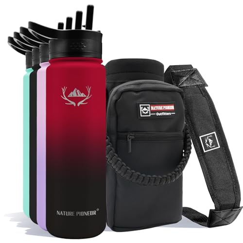 NATURE PIONEOR Insulated Water Bottles with Straw - 24oz Stainless Steel Vacuum Bottle with Holder/Carrier/Sleeve - Reusable 18/8 Food Grade Thermos Water Jug