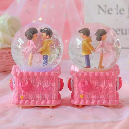 Caja de música con bola de cristal y estatua de pareja para decoración 2