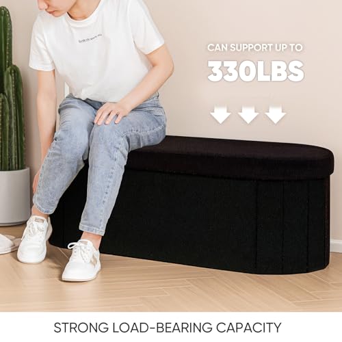 Image of B FSOBEIIALEO Ottoman with Storage for Living Room, Sherpa Folding Storage Ottoman Foot Rest, 43.3 Inches Collapsible Bedroom Bench Black