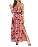 Pinup Fashion Strapless Maxi Dress Women Beach Vacation Pink Floral Bohemian Summer Casual Chiffon Tiered Split Ruffle Tube Sun Dress, Large