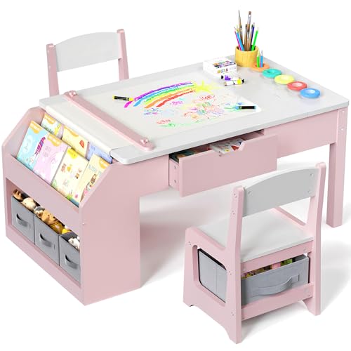 5-in-1 Kids Art Table and Chairs, Wood Toddler Table and Chair Set with Storage Drawers, Craft Play Desk for Kids, Convertible Art Easel with Paper Roll Holder, Children Activity Learning Center-Pink