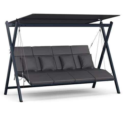 blumfeldt FlexiSwing Columpio de Jardín Exterior - 4 Plazas, Respaldo y Toldo Ajustables, 320kg, Armazón Acero Resistente, Cojines Gruesos, Balancín de Jardín Exterior