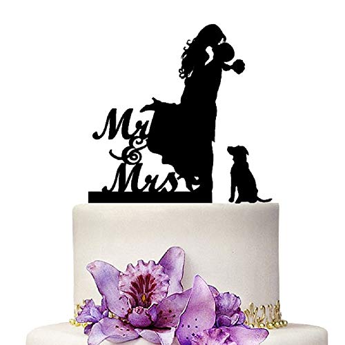 YAMI COCU Mr And Mrs Wedding Cake Toppers Bride And Groom With Dog Silhouette Party Engagement Decoration
