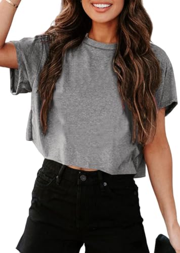 UNCLECAT Women's Cropped T Shirts Trendy Short Sleeve Crew Neck Crop Tops Solid Basic Tee Light Grey