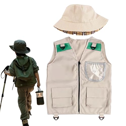 Cushangty Gilet De Pêche Enfant | Gilet d'Explorateur avec Chapeau | Vêtements Enfant Pour Pêche Randonnée Chasse Jungle Exploration