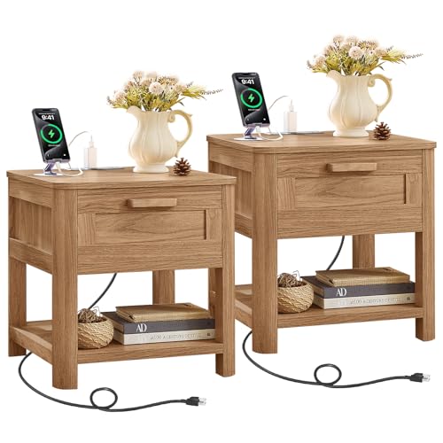 Image of Joaxswe Farmhouse Night Stand Set of 2 with Charging Station, Wood Bed Side Tables Bedroom Set of 2 with Drawer & Open Storage Shelf, Brown