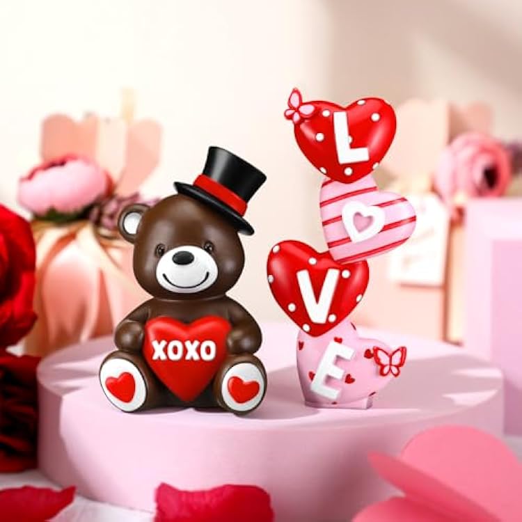 2 Pcs Valentine's Day Figurines Resin Bear Tabletop Love Heart Sculpture Decoration Valentine Pink Table Centerpiece for Dining Room Home Party Supplies Gifts Decor