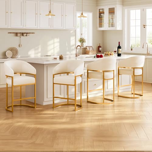 Set de 4 Butacos de Barra Modernos con Altura de Mostrador, Asiento tapizado en Cuero Sintético Beige y Estructura Metálica Dorada, Resistente hasta 480 lbs miniatura 1