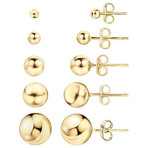 Barzel 18K Gold Plated Ball Stud Earrings Set, Sizes 3-10MM, 5 Pack, High Polish Finish Ball Suds Cover