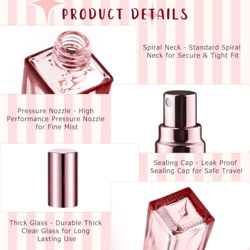 Mirrline 8 Pcs 30ml/1oz Square Glass Spray Bottles Refillable Empty Perfume Bottle Containers with Rose Gold Cap for Fragrance Essential Oils Travel - Pink - 2