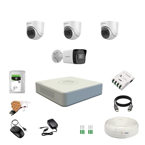 Image of HIKVISION 2MP 1080P 4 Channel DVR, 2MP 3 Dome & 1 Bullet Cameras [Night Vision + EXIR Technology + Motion Detection + HDTVI] + 1 TB HDD + 4 CH SMPS + CCTV Cable + BNC /DC