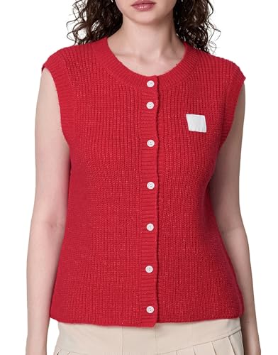 Image of Women Chunky Button Sweater Vest Sleeveless Round Neck Rib Knitted Tank Top Y2k Knitted Cardigan Vest Shirt