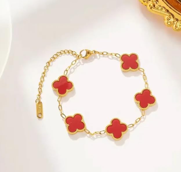 Image of STYOLLO Four-Leaf Clover Anti Tarnish Bracelet for Women & Girls Stylish | Elegant Gold-Plated Lucky Charm Jewelry | Aesthetic Enamel Design Adjustable Chain Bracelet for Daily, Gifting & Festive
