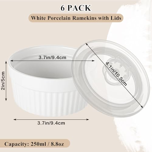 Miniatura 2 de Senenqu Paquete De 6 Ramequines De Porcelana Blanca De 250 Ml Con Tapas, Platos De Cerámica Para Crema Brulee De 10 Cm, Platos De Soufflé, Cuencos Pequeños Para Salsas, Para Natillas, Pudín