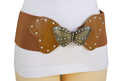 TrendyFashionJewelry Women Fashion Elastic Wide Waistband Belt Hip High Waist Gold Metal Butterfly Buckle S M , Black + Gold2