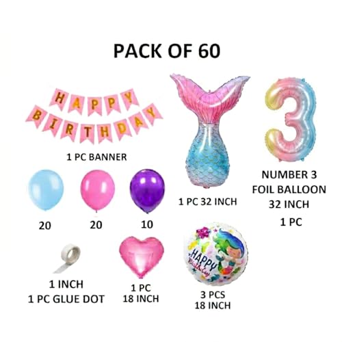 Image of 60 pcs 3rd Birthday Decoration for Girls Tail Foil Balloon Garland Rainbow Number Foil Theme Birthday Decorations Aqua Theme Birthday Decorations (Pack of 60, Multi)