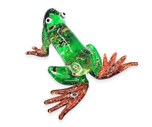 ChangThai Design 2¾" Glitter Green Brown Frog Amphibian Artistic Blown Glass Figurine Premium Statue Tabletop Decoration Unique Collectible for Adult Collectors Handcrafted Elegant Home Room Decor
