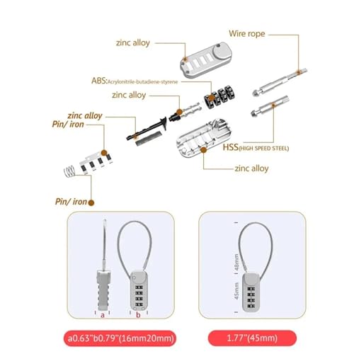 Cadenas à câble métallique anti-perte de clé avec code 4 chiffres en zinc robuste - 6