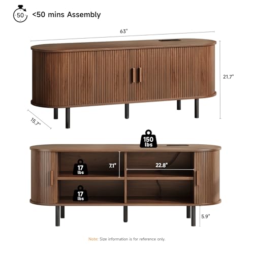 Image of ONBRILL 63 inch TV Stand with Power Outlet for TVs up to 70 Inch, Entertainment Center with Storage and Adjustable Shelves, Modern Media Console with Sliding Doors for Living Room, Walnut