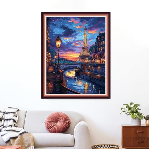 Image of Funxvoot Stamped Cross Stitch Kits for Beginners or Adults Embroidery Starter Patterns | DIY Printed Cross Stitch Kits Needlepoint for Adults 11CT-Iron Tower Twilight 16x20 inch