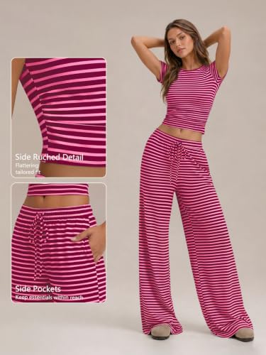 Image of Trendy Queen 2 Piece Matching Summer Lounge Set Womens Side Ruching Top Wide Leg Pants Sets with Pockets