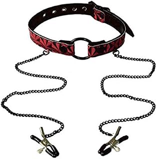 Mordaça anel de metal com correntes e grampos para seios, Erotic Point, Vermelho
