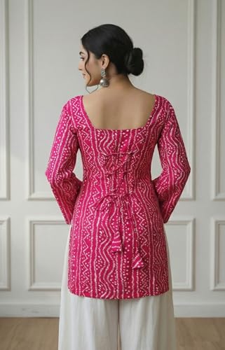 Image of MAHIRA'S Women's Short Kurti, Black Rayon Tunic Top with Embroidered Sleeves, 3 /4 Designer Sleeves