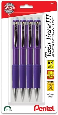 Pentel Twist-Erase III Mechanical Pencil, (0.9mm), Bold Line, Violet Barrel, Pack of 4 (QE519BP4V)