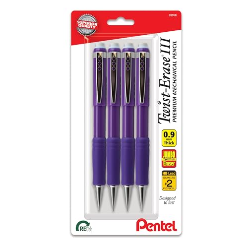 Pentel Twist-Erase III Mechanical Pencil, (0.9mm), Bold Line, Violet Barrel, Pack of 4 (QE519BP4V)