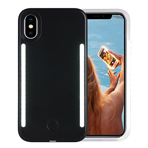 Wellerly iPhone Xs Case, iPhone X Case, LED Illuminated Selfie Light Cell Phone Case Cover [Rechargeable] Dual Light Up Luminous Selfie Flashlight Case for iPhone X/XS 5.8inch (Black)