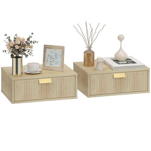 HOMCOM Modern Floating Nightstands Set of 2 Wall Mounted Bedside Tables with Wave Drawer for Bedroom and Living Room 40W x 30D x 15H cm Oak