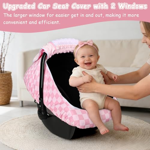 Image of Baby Car Seat Cover with Mesh Window, Windproof Carseat Cover for Infant Girls, Infant Carseat Canopy with with Dual Zipper, Compatible with Most Baby Car Seat, Pink Checkered