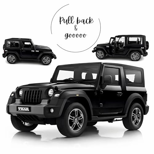 Image of Mahindra Thar 4x4 Toy Car 1:32 Die Cast Metal SUV Model - Pull Back Action Vehicle with Opening Doors, Rubber Tyres & Detailed Interior (Black /Random Colour)