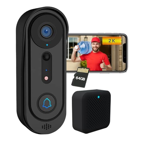 SonoxJunan 2K Video Doorbell Wireless, 2.4Ghz WiFi Doorbell Camera with 64GB SD Card, Indoor Chime,Two-Way Audio, IP66 Weather Resistance, IR Night Vision, AI Human Detection, Support Cloud Storage