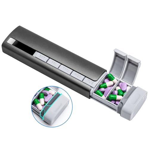 Daviky Metal Travel Pill Organizer, Premium Aluminum Pill Box 7 Day, Weekly Daily Pill Case, Stylish&Cute Pill Holder for Medicines, Supplements and Vitamins (Gray)