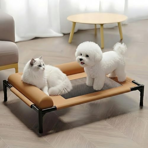 JEJIETペットベッド夏用高通気犬用ベッド猫用ベッドドッグコット高床式透気メッシュ猫犬兼用抗菌防湿防ダニ洗えるL型半包囲枕付き快適サポート地面から17cm離れ四季対応耐荷重室内屋外 涼しい猫用ベッド 小型犬用のキャンピングベッド (茶色,M)（Amazon）