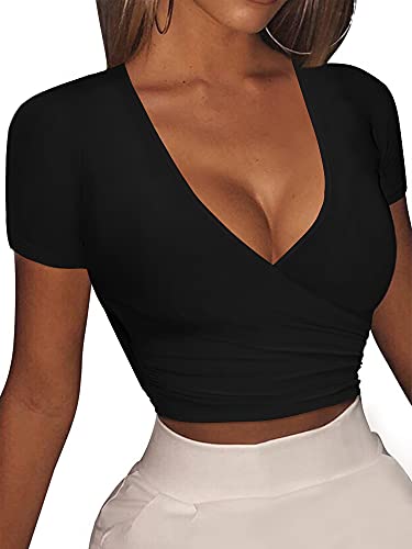 VETIOR Women s Deep V Neck Womens Summer Unique Cross Wrap Slim Fit Crop Tops Small Black
