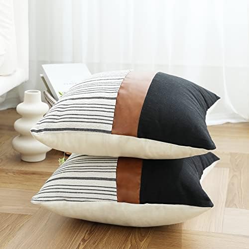 Throw Cushion Covers 45 x 45 cm Farmhouse Pillow Covers,Cotton Tan Faux Leather Square Home Decorative Pillow Case, Set of 2 Stripes Textured Linen Throw Pillow Case for Sofa Couch Chair Bedroom