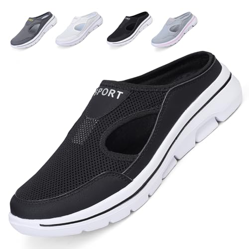 Acfoda Mesh Clogs Womens Mens Slip-on Mules Summer Comfortable Breathable Garden Slippers Casual Non-Slip Beach Sandals Backless Shoes Indoor Outdoor 25 Black 8UK