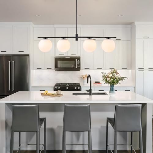 Image of Black 45.3 inch Linear Chandeliers for Dining Room 4-Lights Milk Glass Globe Large Modern Linear Chandelier for Kitchen Island Living Room, Mid Century Chandelier Light Fixture Over Table
