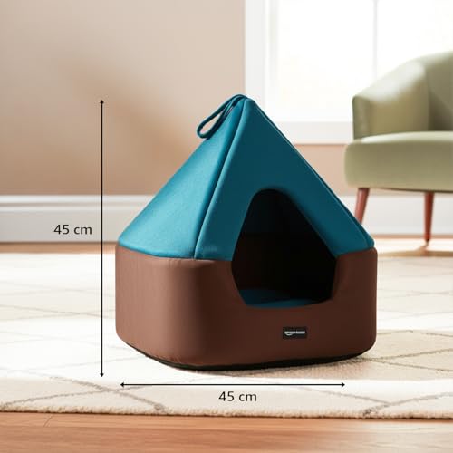 Image of Amazon Basics Pet Bed Cave | Soft & Warm Indoor Tent Bed for Cats, Kittens & Small Dogs | Foldable with Removable Cushion | Light Blue & Coffee | Diameter 45 cm, Height 45 cm