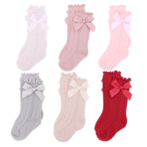 Image of Sugarmelon Baby Girls Ruffle Socks with Bows Infant Toddler Kids Long Stockings Mesh Knee High Socks