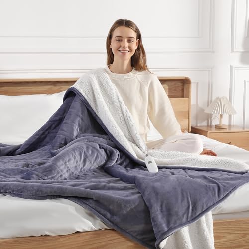 Heating Blankets Heated Throw 50''X60'' - Purple Heated Blanket Flannel Sherpa Double Sided Electric Blanket with 5 Heat Settings & 4 Hours Auto-Off, Small Electric Throw for Grandma Gifts(Lavender)