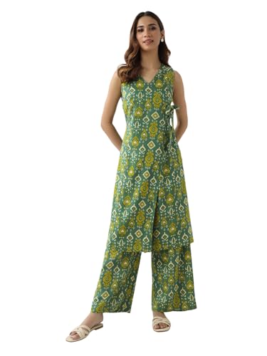 Image of FIORRA Women's Green Cotton Straight Kurta with Palazzo