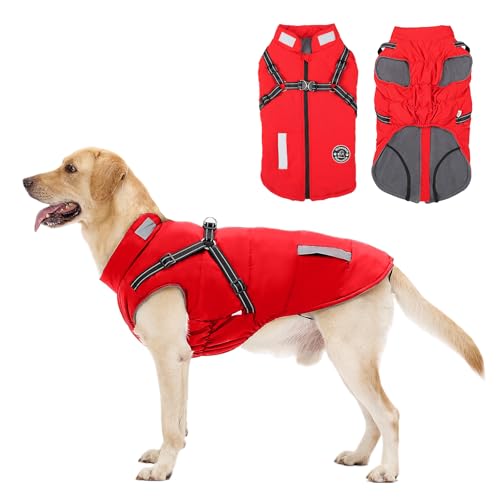 Warm Dog Coat: Winter Jacket With Built-in Harness - Fleece Coat With Reflective Stripes, Waterproof Vest for Cold Weather - Small Medium Large Dogs Red XL