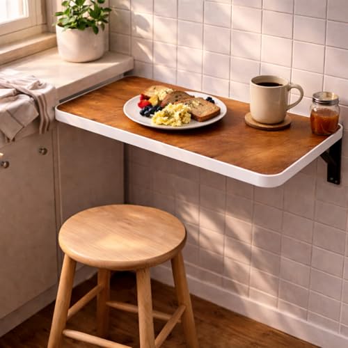 Image of Wall Mounted Folding Table | Space Saving Wooden Wall Desk with Rounded Corners & Heavy Duty Bracket | Foldable Study Table for Home, Office & More (Classic Brown, 16 X 32 Inches)
