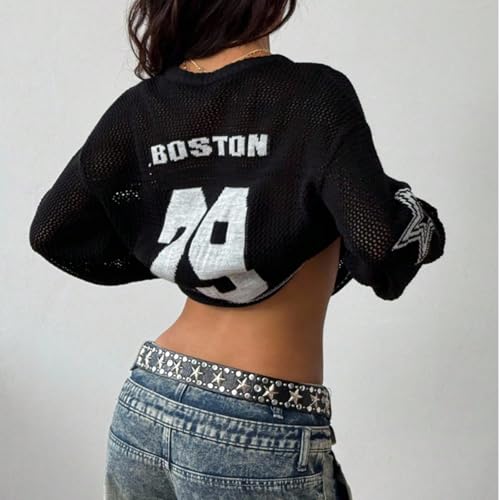 Women's Graphic Sweater Y2k Tops Hollow Out Crochet Jersey Shirts Oversized Tee 90s Pullover V Neck Fall Outfit4