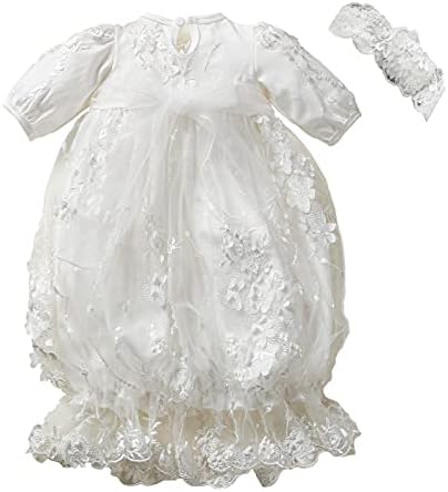 TENTIDE Baby Girl Baptism Christening Gowns with Headband Baptism Dresses Newborn Baby Dedication Gown Vestido De Bautizo Blanco Para Niña 0-3 Months (Off-white, 0-3 Months)