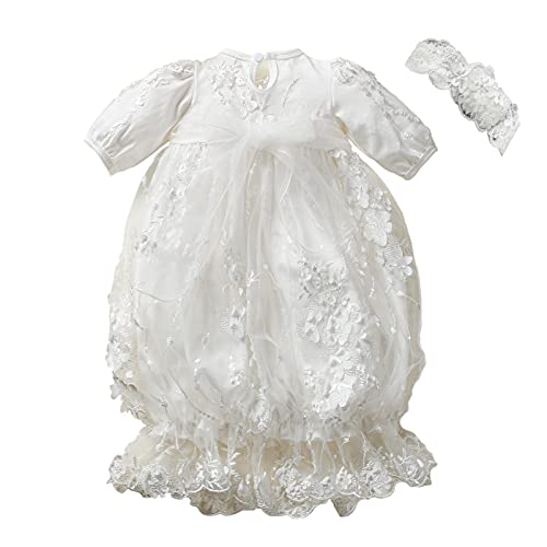 TENTIDE Baby Girl Baptism Christening Gowns with Headband Baptism Dresses Newborn Baby